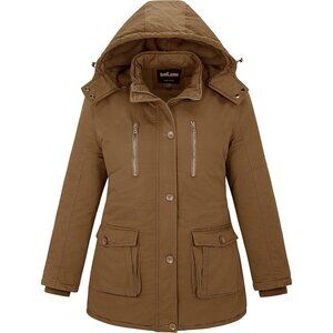 Women's Detachable Brown Hood Jacket Coat Fleece Lined Button Closure Designed